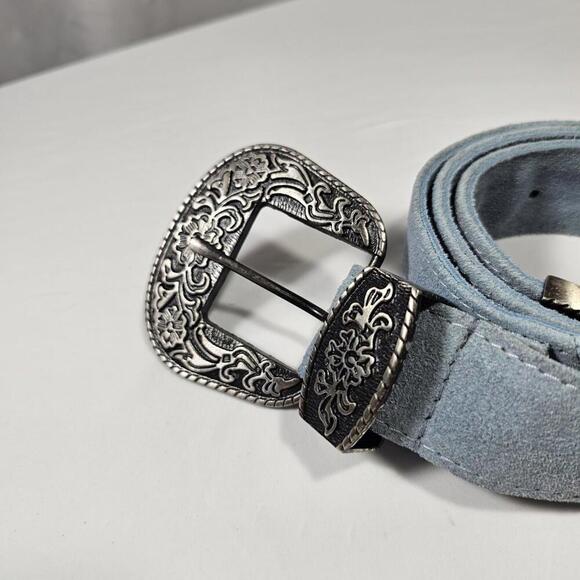 Free People Black Rock Belt Blue Suede Western Cowgirl Coastal Silver Buckle - Picture 3 of 11